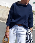 Women’s Wide-Neck Cotton Blouse – Relaxed Three-Quarter Sleeve Top for Polished Everyday Wear