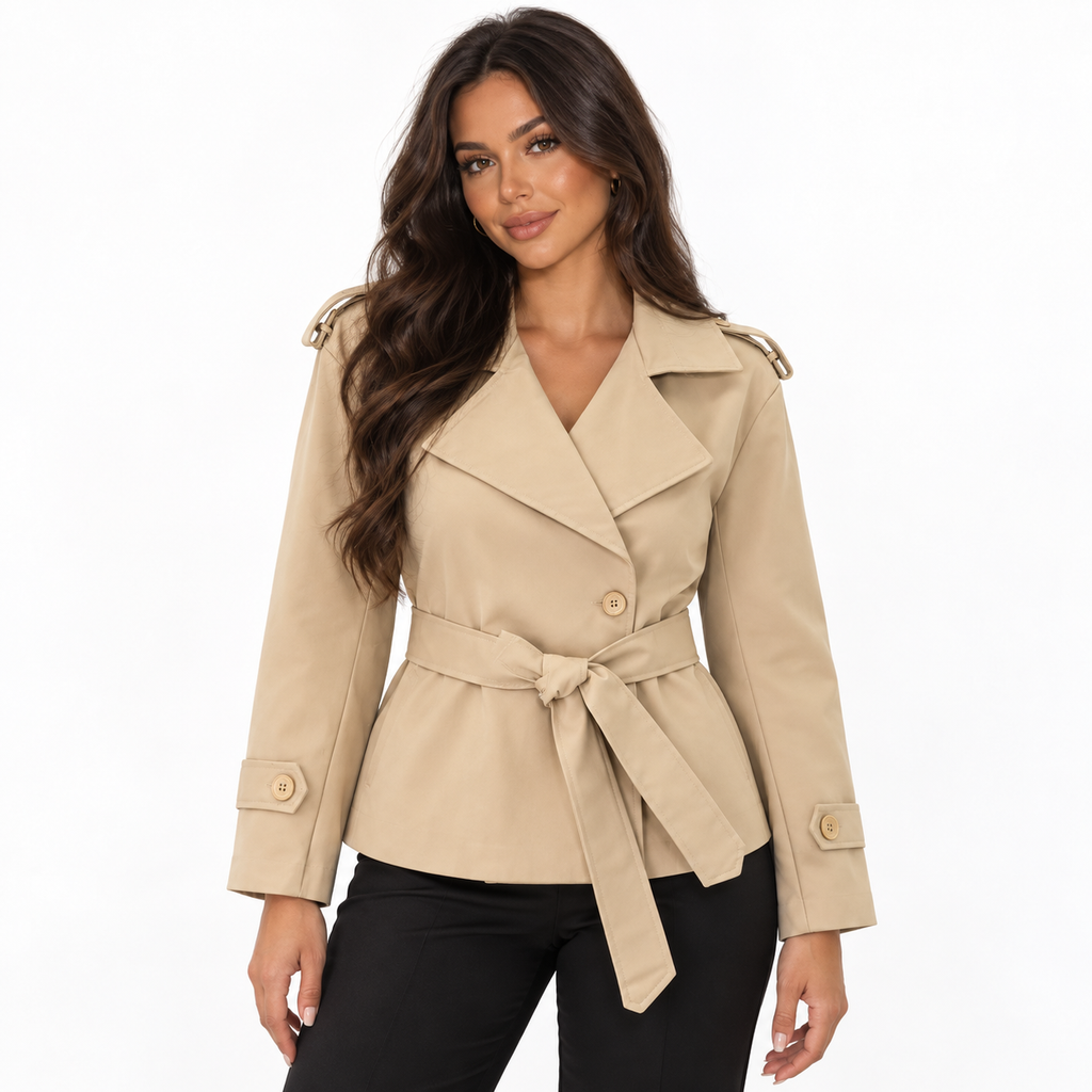 Women’s Short Double-Breasted Trench Coat – Belted Relaxed Layer for Smart Casual and Transitional Everyday Wear