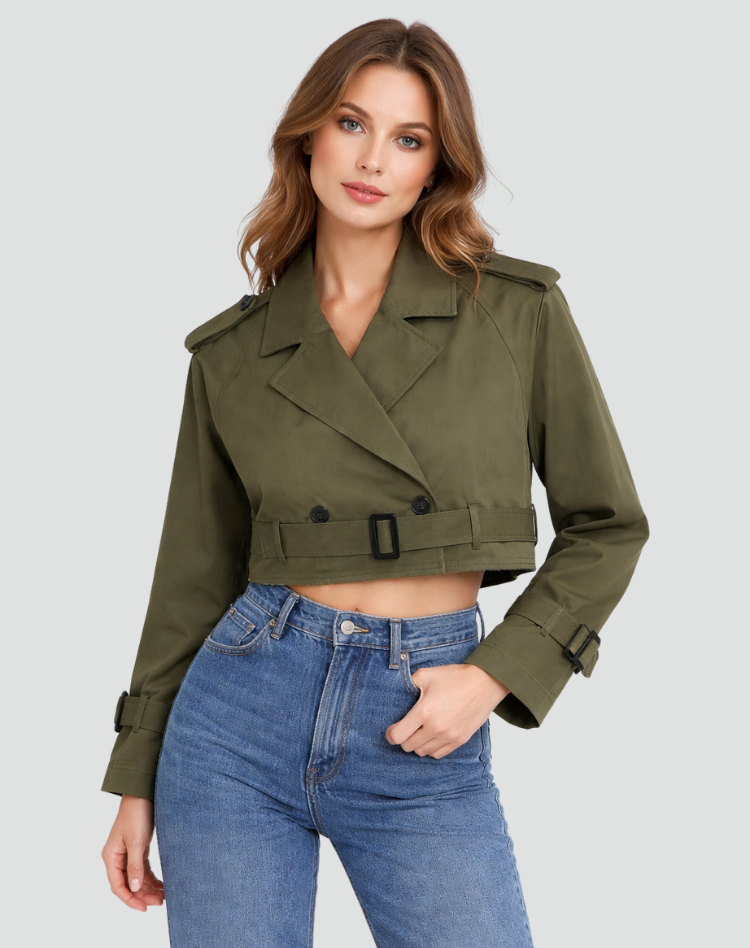 Women’s Cropped Belted Trench Jacket Tailored Double Button Outerwear