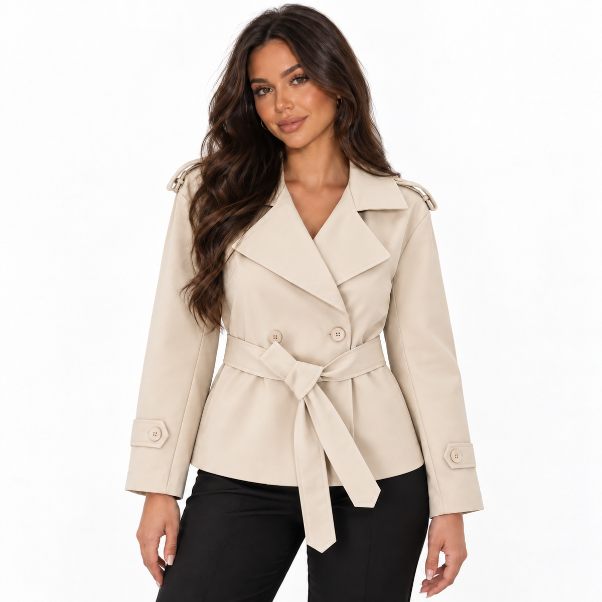 Women’s Short Double-Breasted Trench Coat – Belted Relaxed Layer for Smart Casual and Transitional Everyday Wear