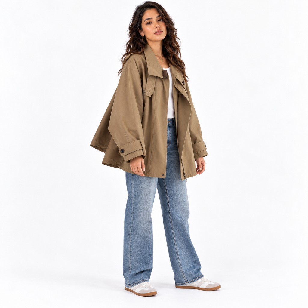 Women’s Short Cape-Style Trench Jacket – Cotton Relaxed Layer with Wide Sleeves for Transitional Everyday Wear