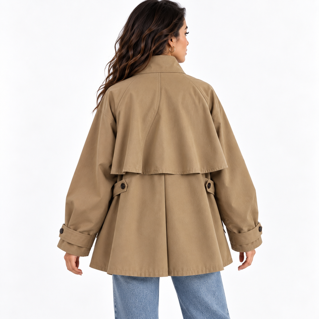 Women’s Short Cape-Style Trench Jacket – Cotton Relaxed Layer with Wide Sleeves for Transitional Everyday Wear