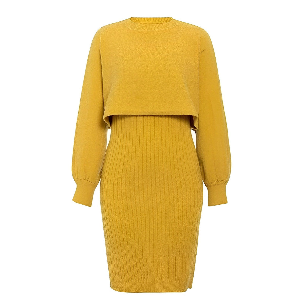 Women’s Lantern-Sleeve Knit Skirt Set – Cropped Crew-Neck Jumper with Ribbed Midi Skirt for Autumn and Winter