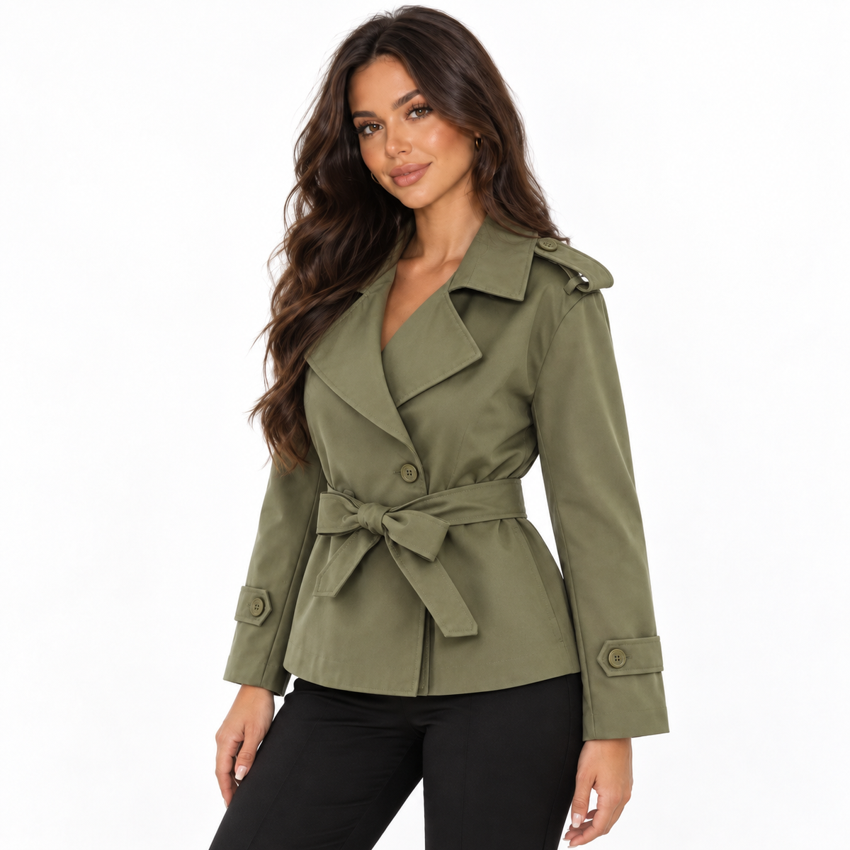 Women’s Short Double-Breasted Trench Coat – Belted Relaxed Layer for Smart Casual and Transitional Everyday Wear
