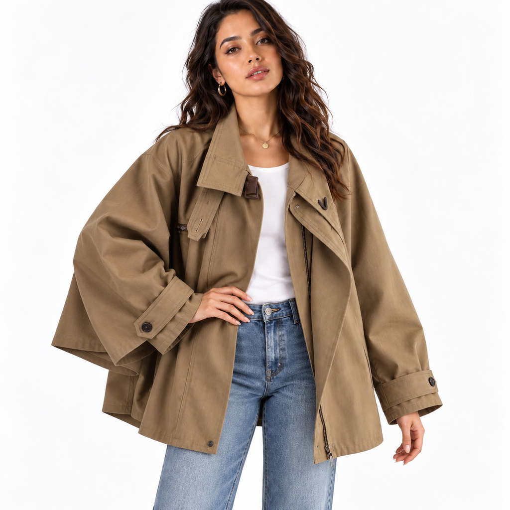 Women’s Short Cape-Style Trench Jacket – Cotton Relaxed Layer with Wide Sleeves for Transitional Everyday Wear