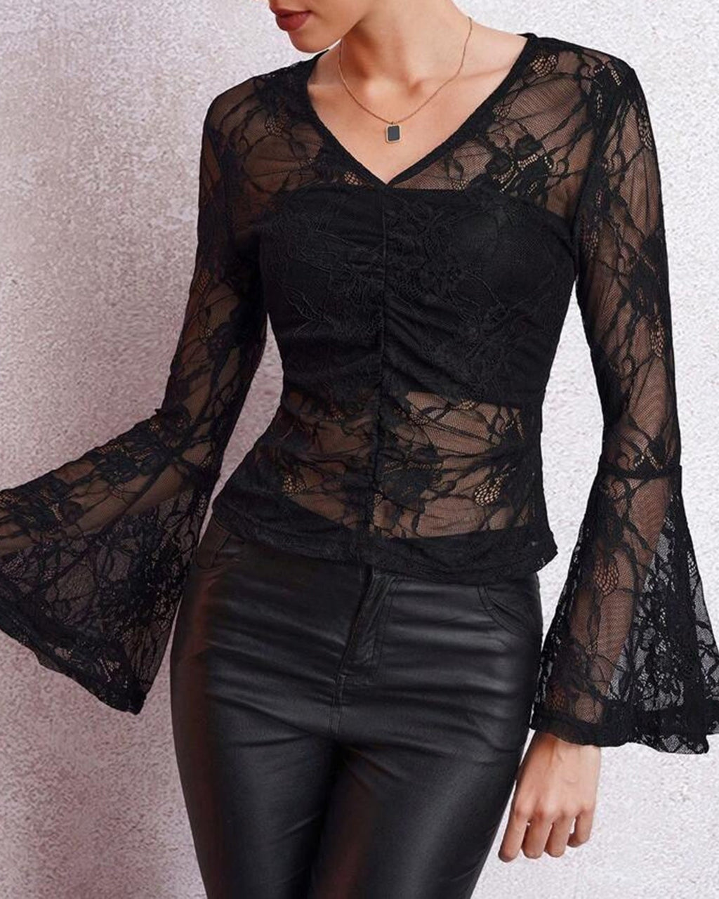 Women’s Sheer Lace Bell Sleeve V-Neck Party Blouse