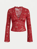 Women’s Stretch Lace V-Neck Top – Flared-Sleeve Evening Style