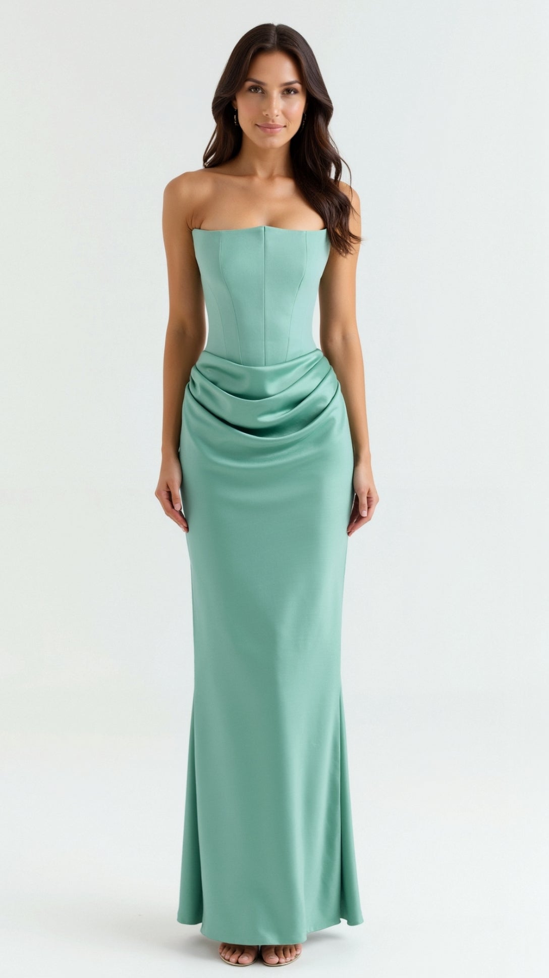 Women’s Strapless Column Maxi Dress – Ruched Wedding Guest Gown for Evening Receptions