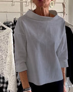 Women’s Wide-Neck Cotton Blouse – Relaxed Three-Quarter Sleeve Top for Polished Everyday Wear