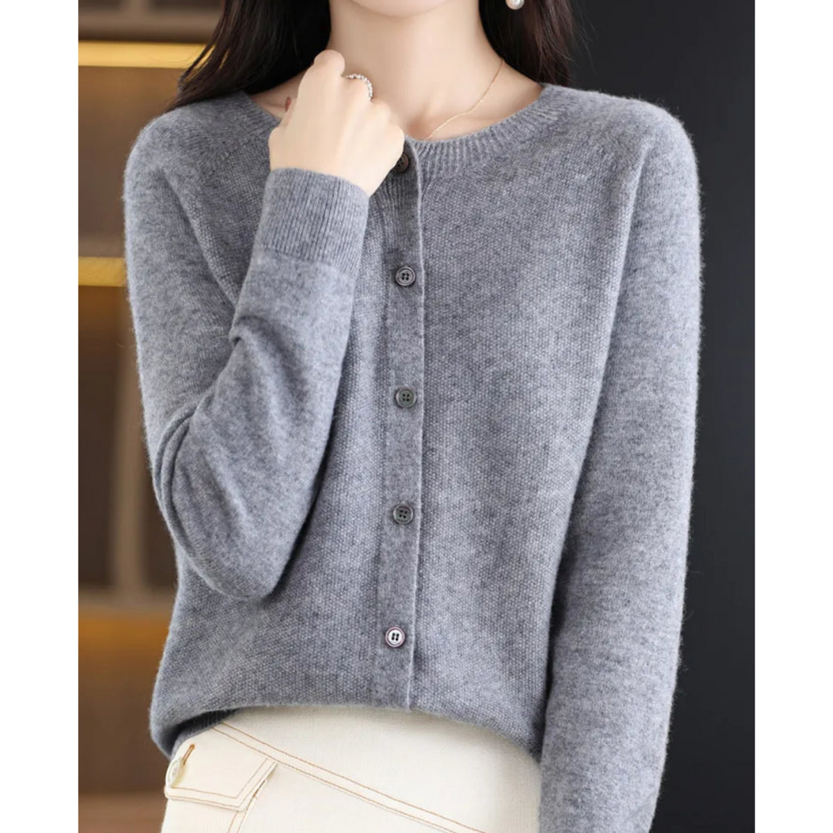 Luxury Merino Wool & Cashmere Cardigan for Women – Elegant O-Neck Winter Knit