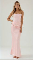 Women’s Strapless Column Maxi Dress – Ruched Wedding Guest Gown for Evening Receptions