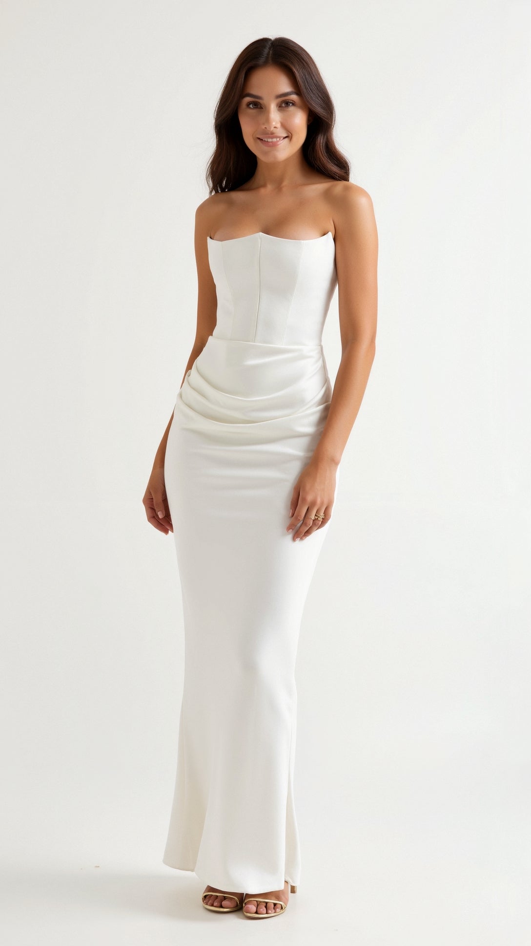 Women’s Strapless Column Maxi Dress – Ruched Wedding Guest Gown for Evening Receptions