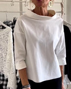 Women’s Wide-Neck Cotton Blouse – Relaxed Three-Quarter Sleeve Top for Polished Everyday Wear