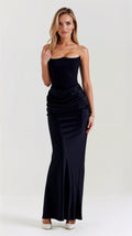 Women’s Strapless Column Maxi Dress – Ruched Wedding Guest Gown for Evening Receptions