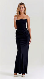 Women’s Strapless Column Maxi Dress – Ruched Wedding Guest Gown for Evening Receptions