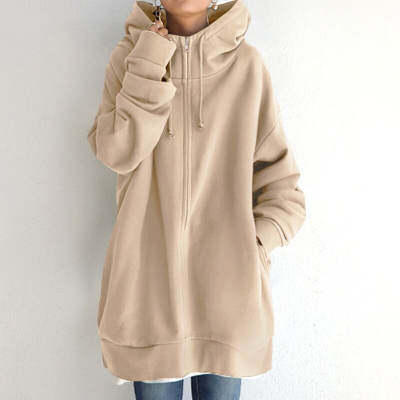 Women’s Oversized Zip-Up Hoodie – Longline Relaxed Sweatshirt Layer with Drawstring Hood for Everyday Comfort