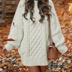 Women's Oversized Cable Knit Mini Dress with Balloon Sleeves and Classic Crew Neck – Cosy Chunky Textured Long Sleeve Jumper Dress with Ribbed Hem and Cuffs for Casual Autumn and Winter Everyday Wear