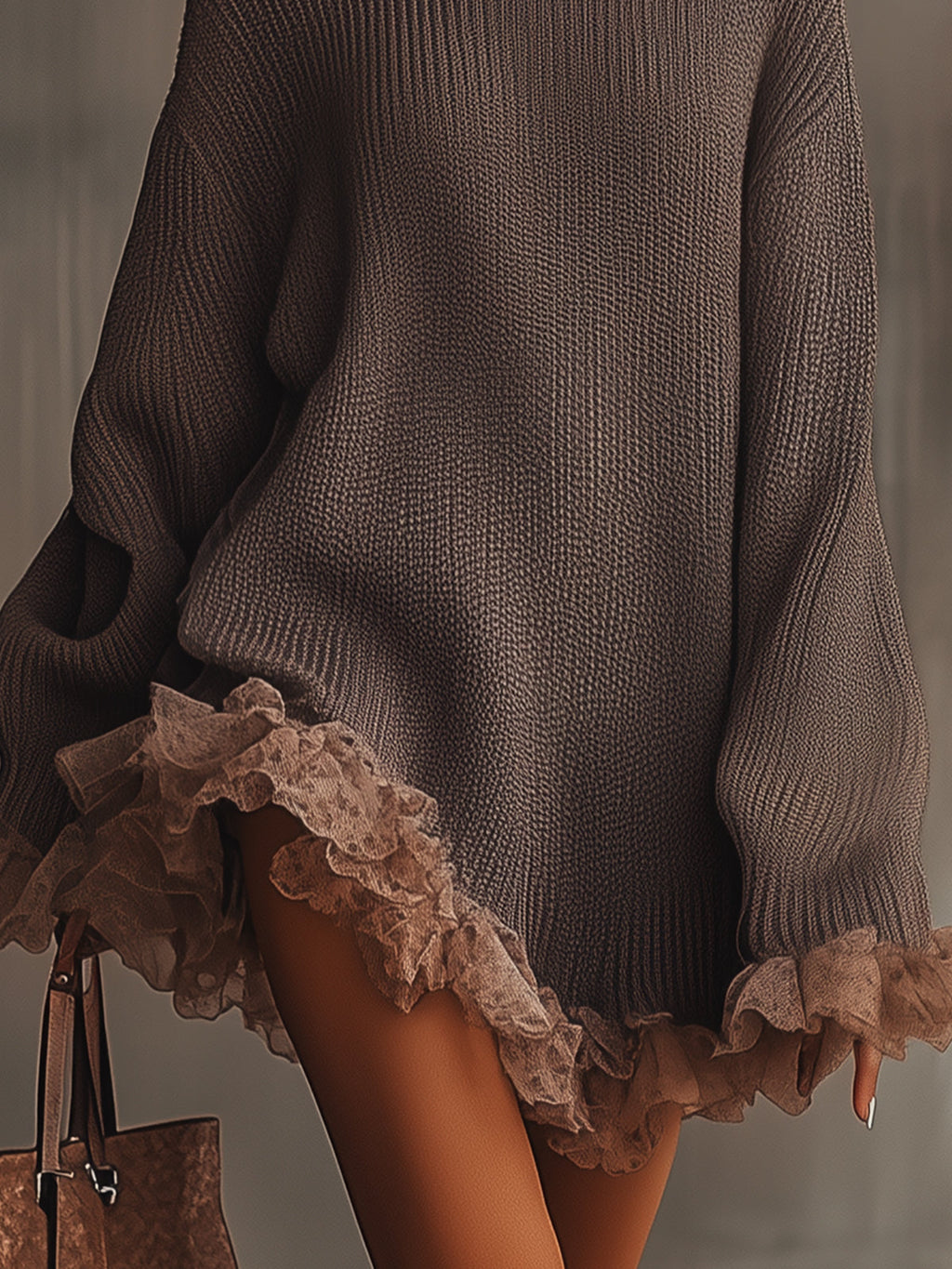 Women's Chunky Knit Turtleneck Mini Dress with Romantic Lace Ruffle Hem and Bell Sleeves – Relaxed Fit Long Sleeve Winter Jumper Dress for Elegant Casual Wear and Autumn Evening Outfits