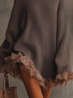 Women's Chunky Knit Turtleneck Mini Dress with Romantic Lace Ruffle Hem and Bell Sleeves – Relaxed Fit Long Sleeve Winter Jumper Dress for Elegant Casual Wear and Autumn Evening Outfits