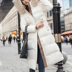 Women’s Belted Long Puffer Coat – Faux-Fur Hooded Quilted Winter Outerwear with Defined Waist and Extended Cold-Weather Coverage