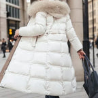 Women’s Belted Long Puffer Coat – Faux-Fur Hooded Quilted Winter Outerwear with Defined Waist and Extended Cold-Weather Coverage