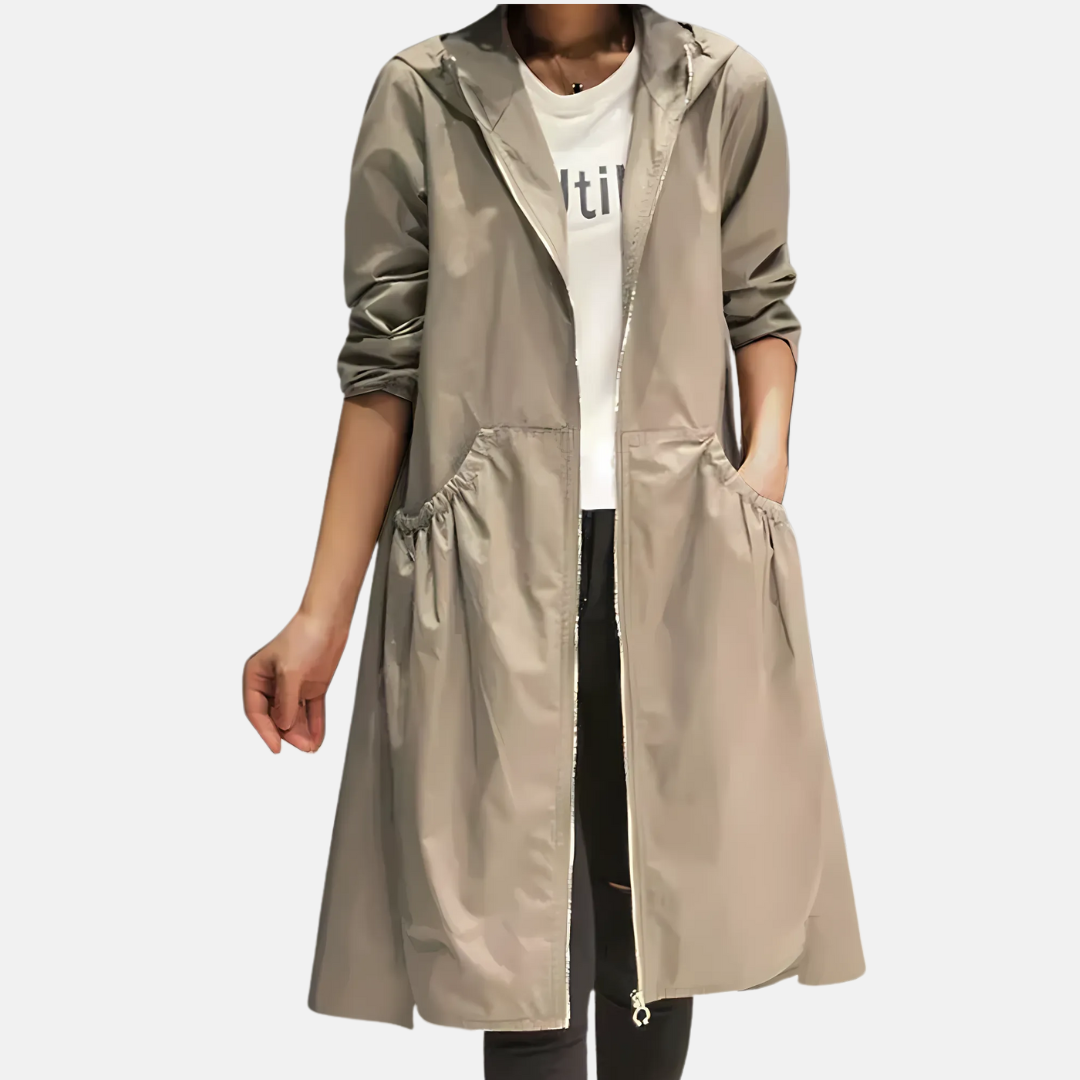 Women's Hooded Waterproof Knee-Length Coat with Zip