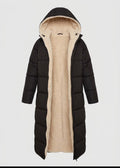 Women’s Sherpa-Lined Long Puffer Coat – Hooded Winter Layer for Cosy Coverage