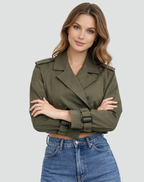 Women’s Cropped Belted Trench Jacket Tailored Double Button Outerwear