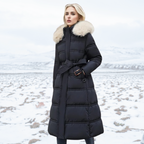 Women’s Belted Long Puffer Coat – Faux-Fur Collar Padded Winter Style for Cold-Weather City Wear Travel and Elegant Everyday Layering