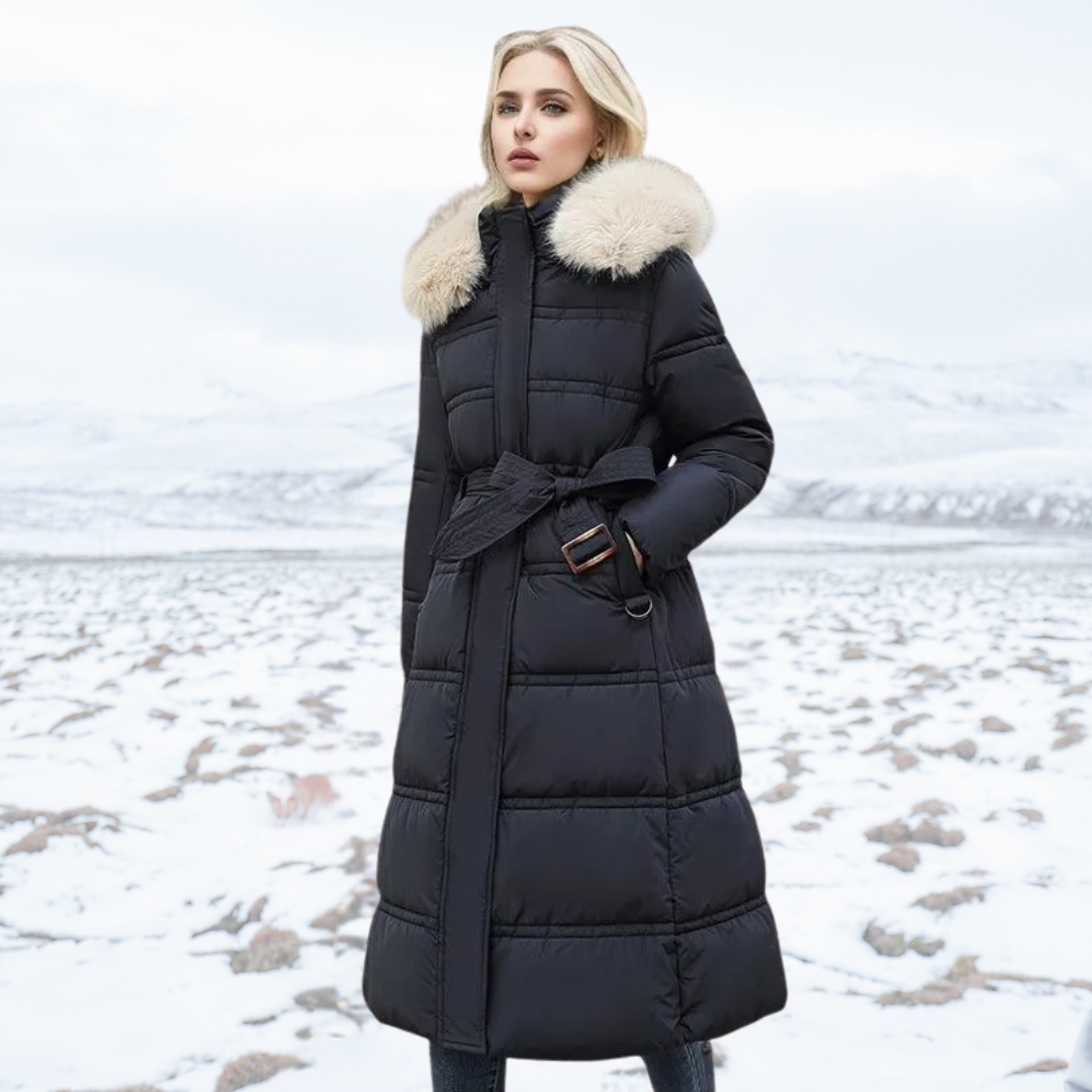 Women’s Belted Long Puffer Coat – Faux-Fur Collar Padded Winter Style for Cold-Weather City Wear Travel and Elegant Everyday Layering