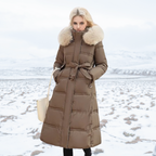 Women’s Belted Long Puffer Coat – Faux-Fur Collar Padded Winter Style for Cold-Weather City Wear Travel and Elegant Everyday Layering