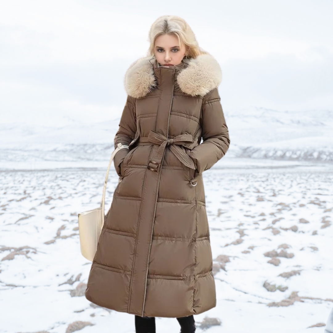 Women’s Belted Long Puffer Coat – Faux-Fur Collar Padded Winter Style for Cold-Weather City Wear Travel and Elegant Everyday Layering
