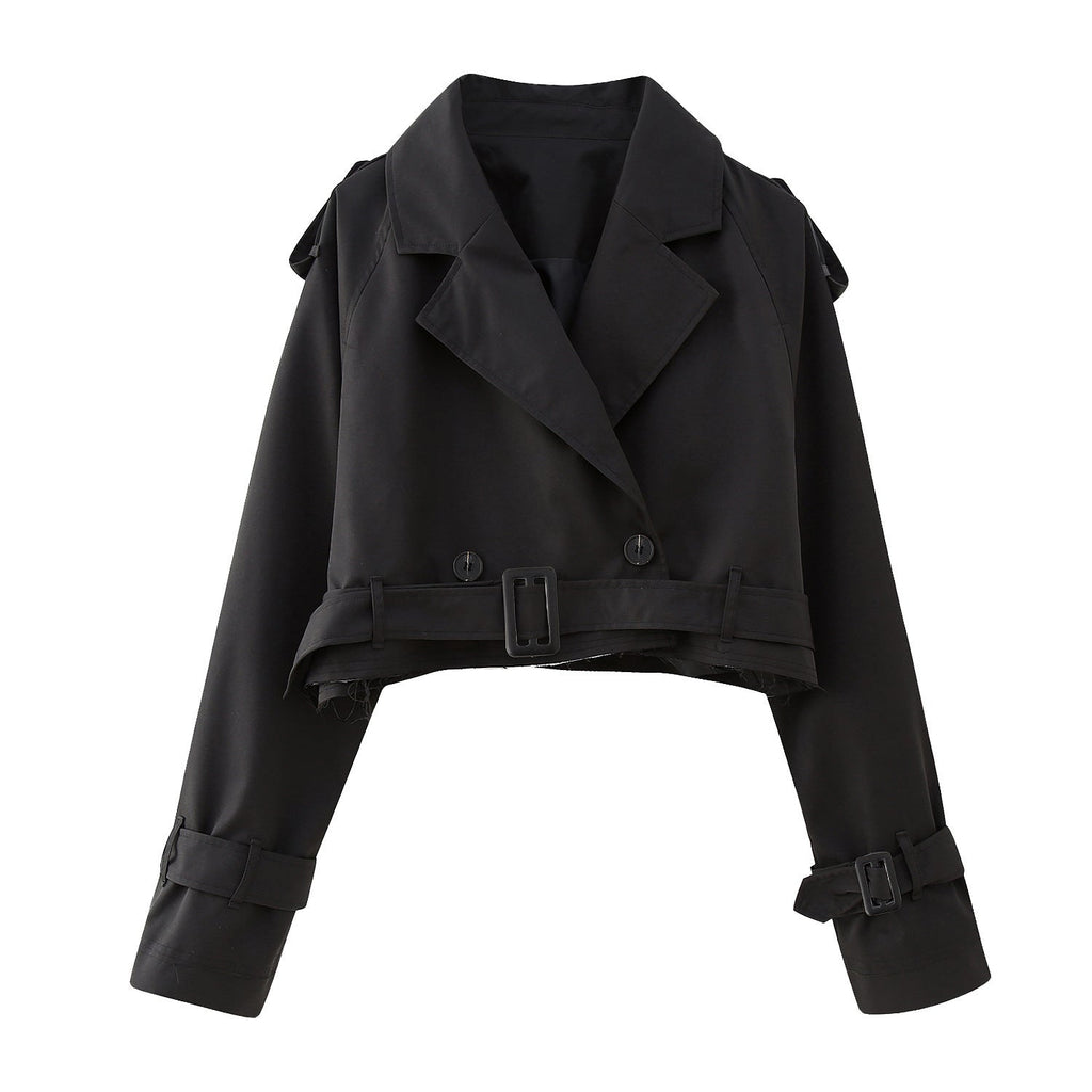 Women’s Belted Cropped Trench Jacket – Structured Transitional Layer for City and Office Wear