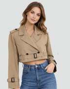 Women’s Cropped Belted Trench Jacket Tailored Double Button Outerwear
