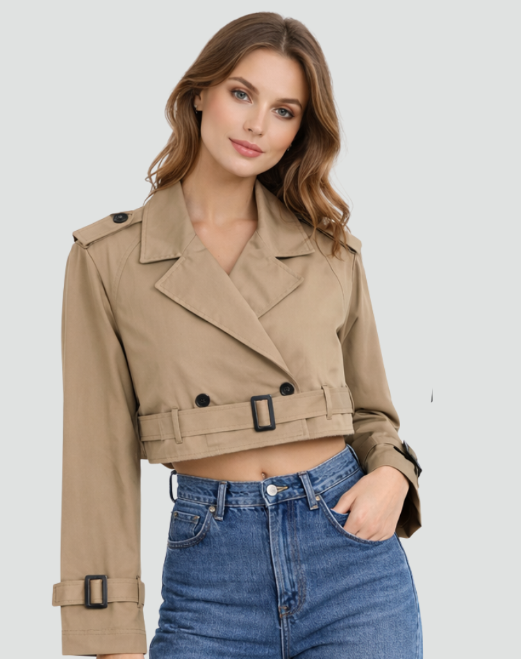 Women’s Cropped Belted Trench Jacket Tailored Double Button Outerwear