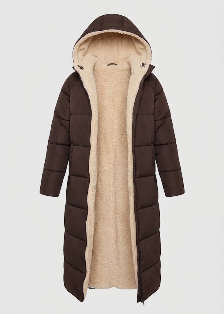 Women’s Sherpa-Lined Long Puffer Coat – Hooded Winter Layer for Cosy Coverage