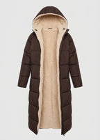 Women’s Sherpa-Lined Long Puffer Coat – Hooded Winter Layer for Cosy Coverage