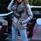 Women’s Metallic Belted Puffer Jacket – Faux-Fur Shawl Collar Winter Coat with Quilted Insulation and Statement Finish