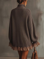 Women's Chunky Knit Turtleneck Mini Dress with Romantic Lace Ruffle Hem and Bell Sleeves – Relaxed Fit Long Sleeve Winter Jumper Dress for Elegant Casual Wear and Autumn Evening Outfits