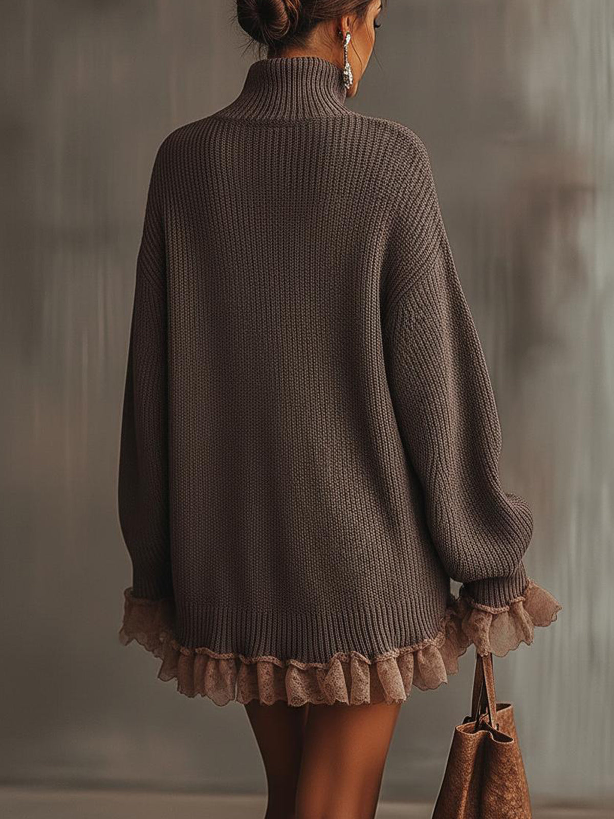 Women's Chunky Knit Turtleneck Mini Dress with Romantic Lace Ruffle Hem and Bell Sleeves – Relaxed Fit Long Sleeve Winter Jumper Dress for Elegant Casual Wear and Autumn Evening Outfits