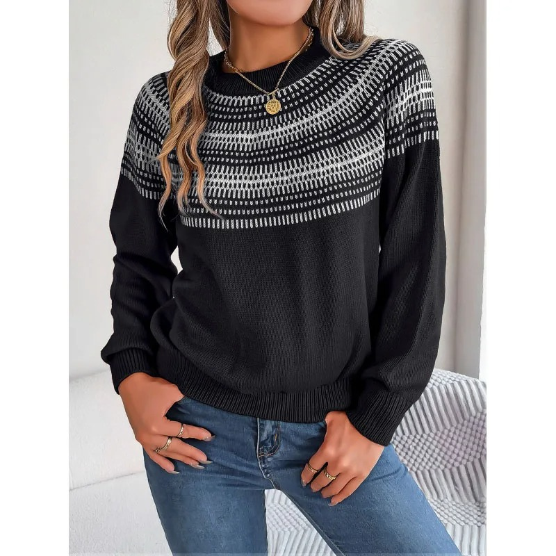 Women's Fair Isle Jumper with Crew Neck and Ribbed Cuffs