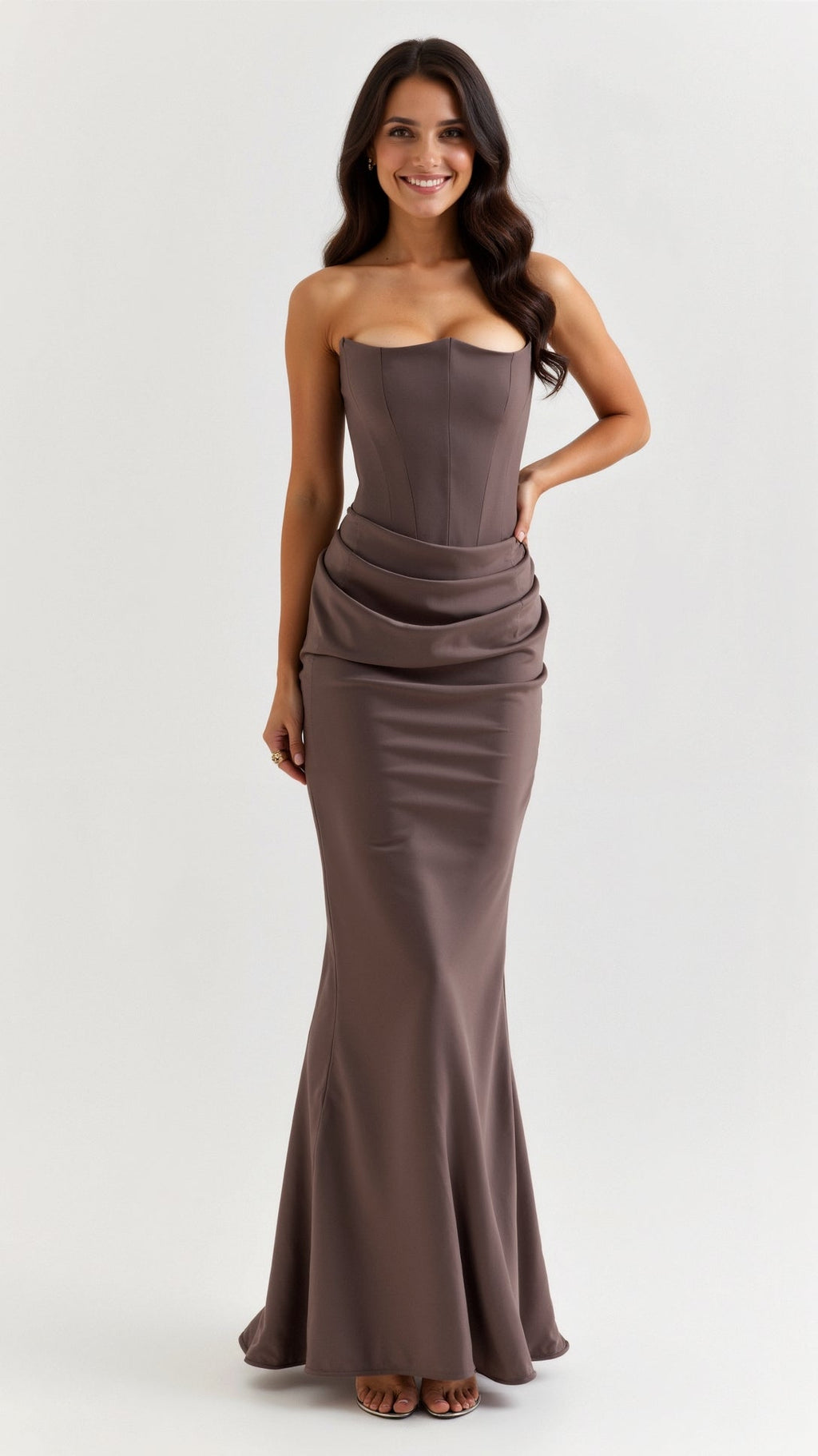 Women’s Strapless Column Maxi Dress – Ruched Wedding Guest Gown for Evening Receptions