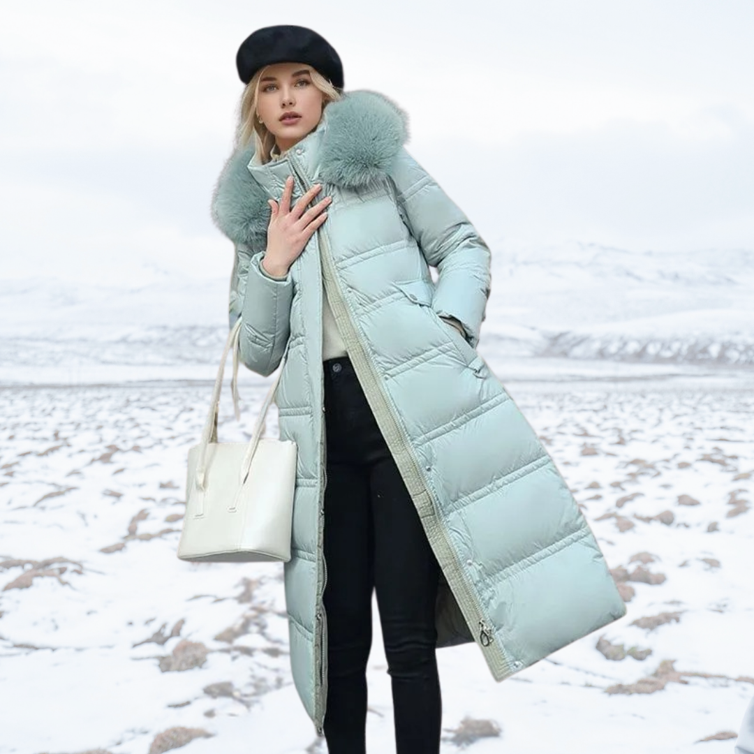 Women’s Belted Long Puffer Coat – Faux-Fur Collar Padded Winter Style for Cold-Weather City Wear Travel and Elegant Everyday Layering