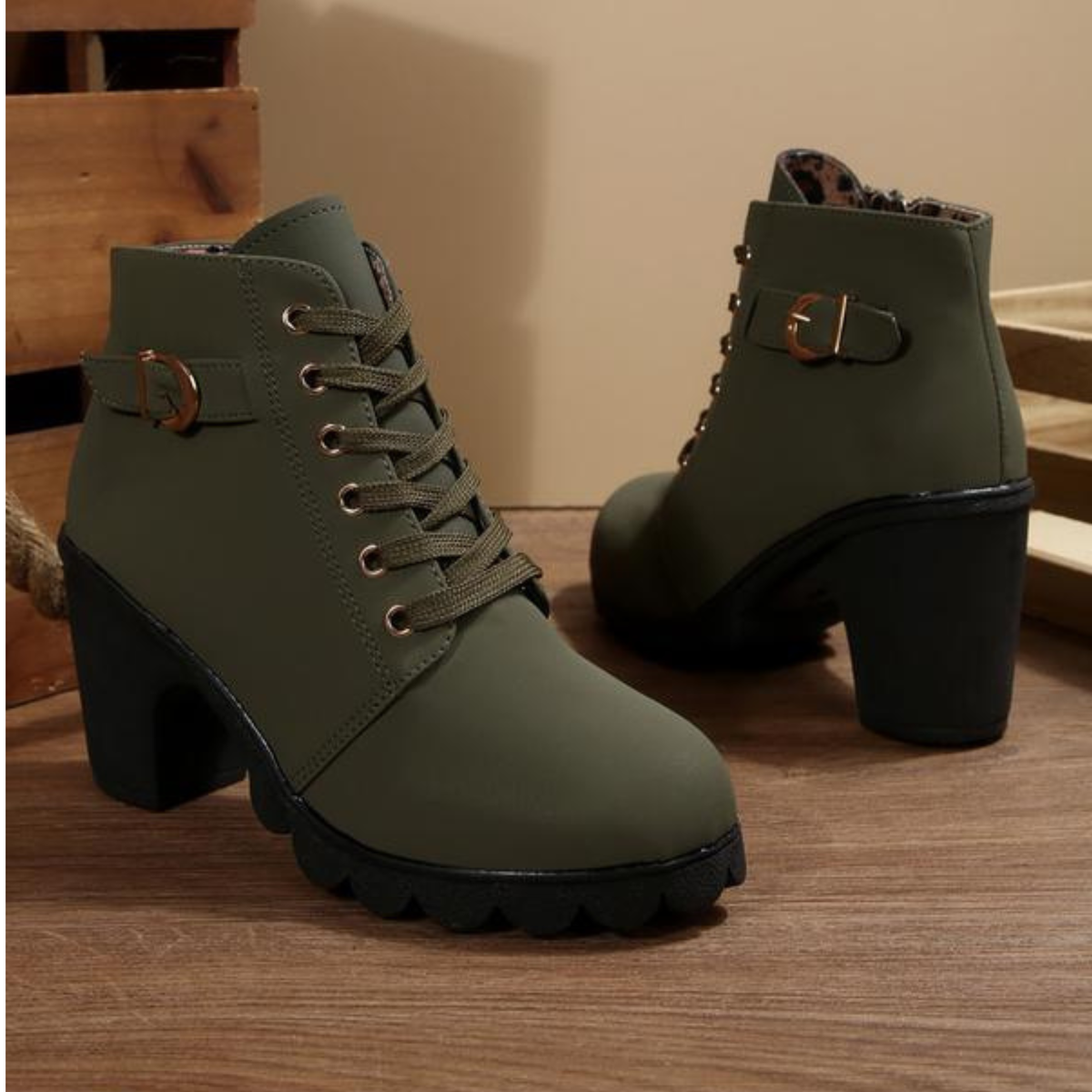 Katni | Chic Lace-Up Metal Buckle Chunky Ankle Boots