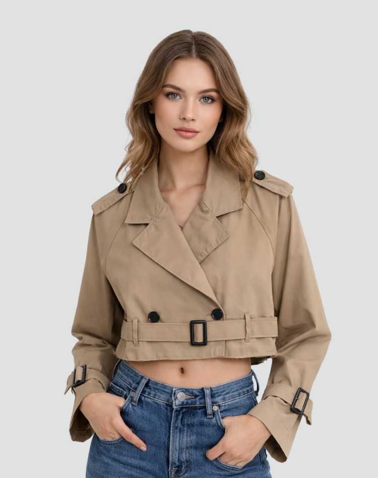 Women’s Cropped Belted Trench Jacket Tailored Double Button Outerwear