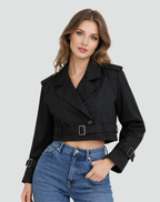 Women’s Cropped Belted Trench Jacket Tailored Double Button Outerwear