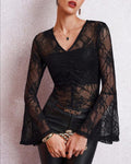 Women’s Sheer Lace Bell Sleeve V-Neck Party Blouse