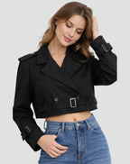 Women’s Cropped Belted Trench Jacket Tailored Double Button Outerwear