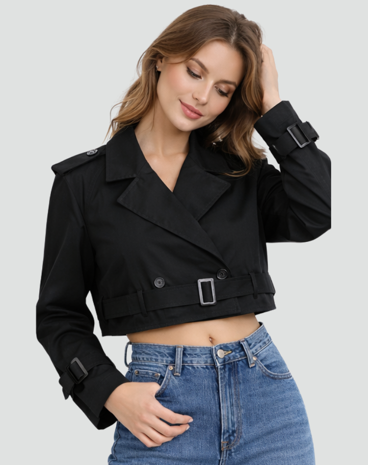 Women’s Cropped Belted Trench Jacket Tailored Double Button Outerwear