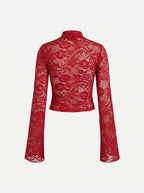 Women’s Stretch Lace V-Neck Top – Flared-Sleeve Evening Style